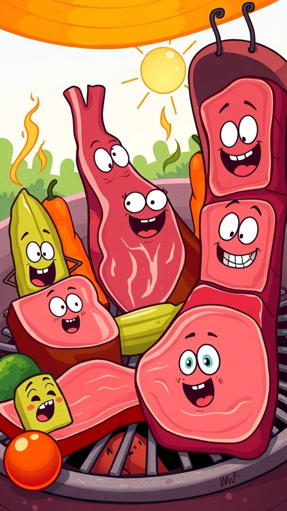 Cartoon illustration of meats with funny faces and shocked vegetables in a barbecue setting.